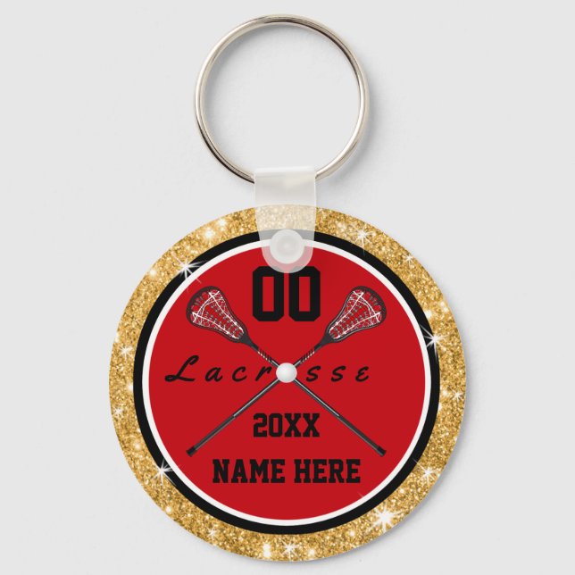 Girls Red and Gold Lacrosse Gifts, Personalized Keychain (Front)