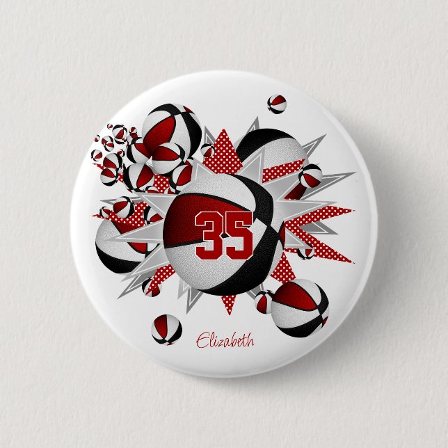 girls red black sports basketballs stars 2 inch round button (Front)