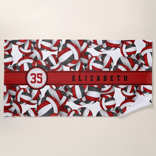 girls red black volleyball team colours patterned beach towel (Front)