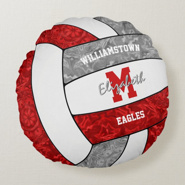 Girls red grey volleyball team colours round pillow (Front)