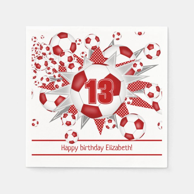 Girls red soccer birthday or team party napkin (Front)