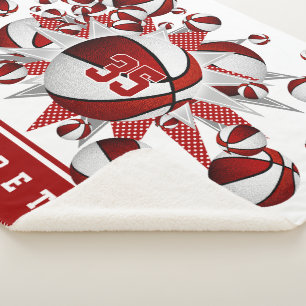 girls red white basketballs stars personalized sherpa blanket