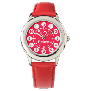 Girls red & white heart short name wrist watch