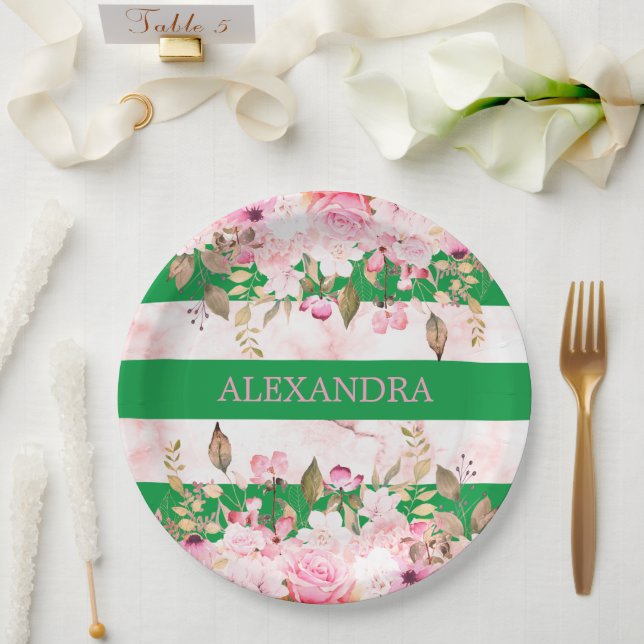 Girls Religious Celebration Green Pink Stripe  Paper Plate (Wedding)