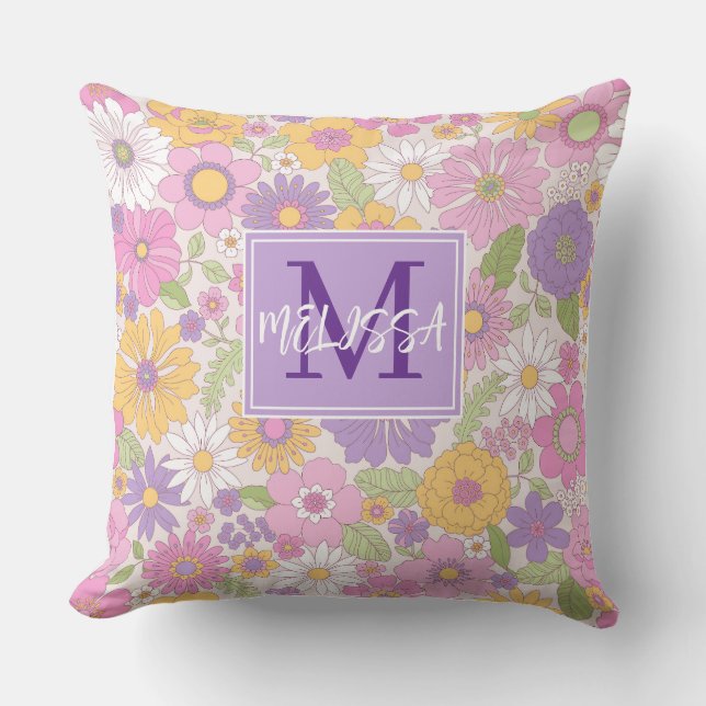 Girls Retro Floral Monogram Script Name Accent  Throw Pillow (Front)
