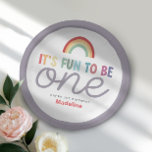 Girls Retro Fun to be One Rainbow 1st Birthday Paper Plate<br><div class="desc">Celebrate turning one with these cute “It’s fun to be one” birthday paper plates! Featuring a modern retro rainbow,  colorful font and space to add your child’s name on the front,  plus a coordinating minimalist purple outline. Perfect for a 1st birthday party.</div>