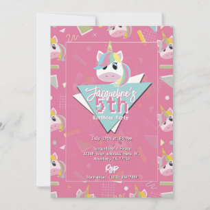 Girls Retro Pink Unicorn Birthday Invitation