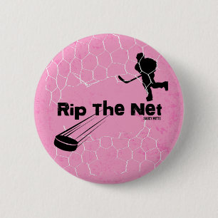 Girls Rip the Net Hockey Player pink Pinback flair 2 Inch Round Button