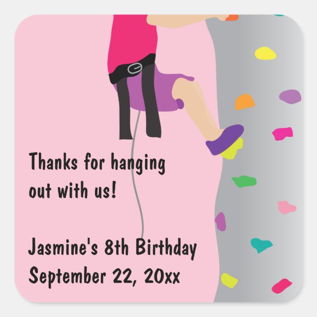 Girl's Rock Wall Climbing Birthday Party Favour Square Sticker (Front)