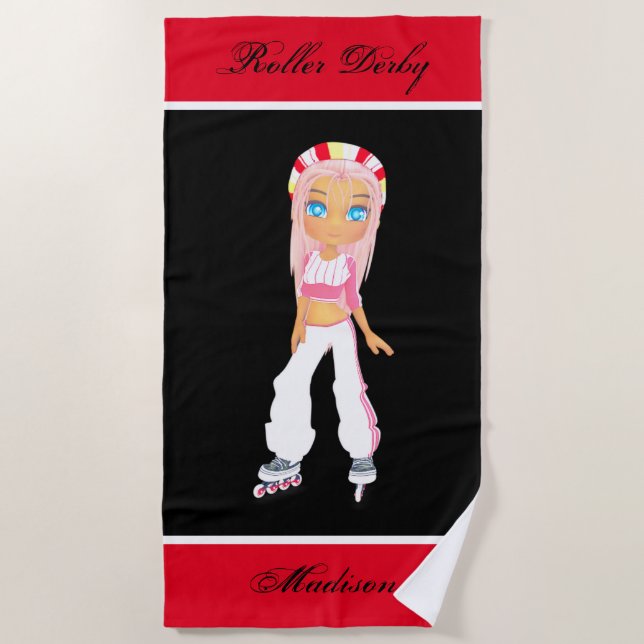 Girls Roller Derby Personalized Beach Towel (Front)