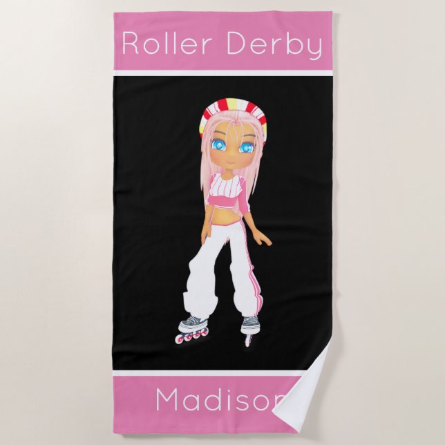 Girls Roller Derby Personalized Beach Towel (Front)