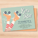 Girls Roller Skating Birthday Party Invitation<br><div class="desc">Fun pastel sage green roller skating birthday party invitation for any age featuring "Let's Roll!" in a white script and a retro-inspired illustration of orange roller skates on a girl wearing red and white striped tube socks. Add her name,  birthday year and party details in dark blue typography.</div>