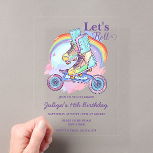 Girls Roller Skating purple Birthday Party Acrylic Invitations