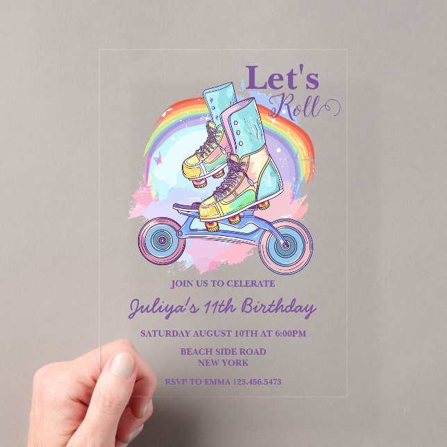 Girls Roller Skating purple Birthday Party Acrylic Invitations (Insitu (Handheld))