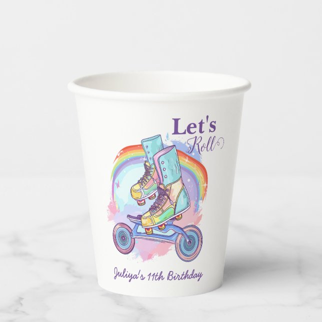 Girls Roller Skating purple Birthday Party Paper Cups (Front)