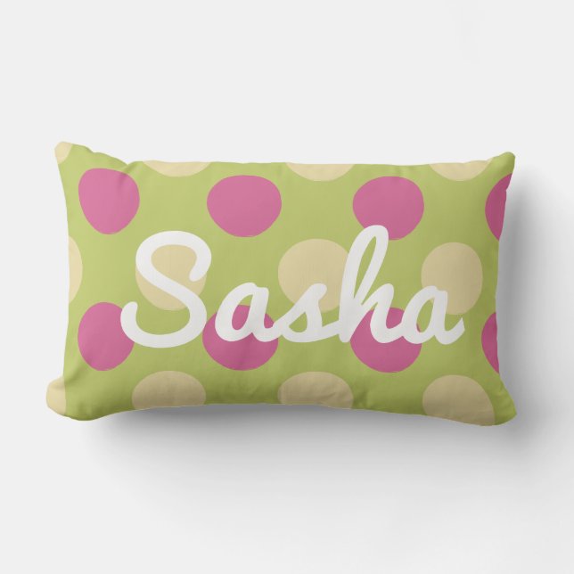 Girls Room Decor Pink and Green Polka Dot Lumbar Pillow (Front)