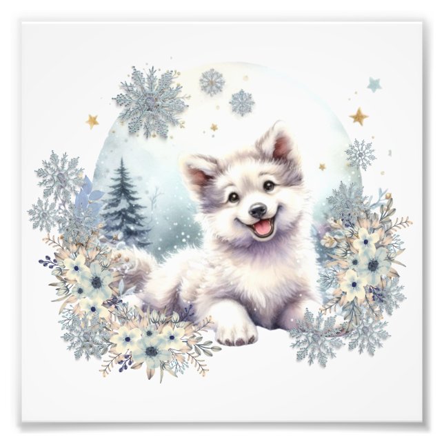 Girls Room Nursery Cute Dog Wolf Blue Winter theme Photo Print (Front)