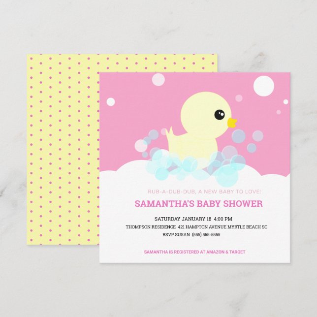Girls Rubber Ducky Baby Shower Invitations (Front/Back)