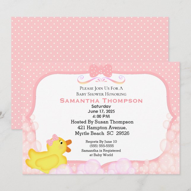 Girls Rubber Ducky Baby Shower Invitations (Front/Back)