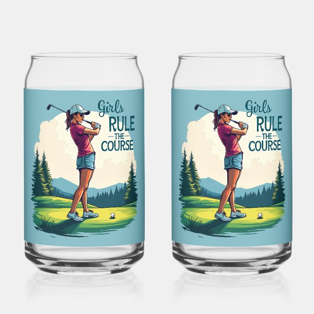 Girls Rule the Course Retro Golf Illustration Can Glass (Front)