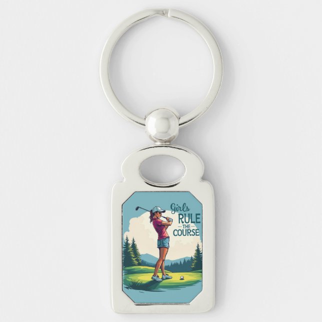 Girls Rule the Course Retro Golf Illustration Keychain (Front)