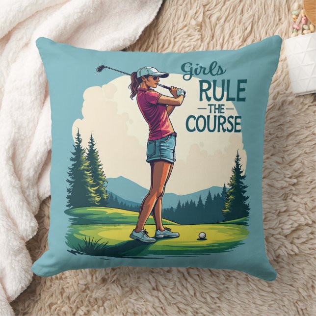 Girls Rule the Course Retro Golf Illustration Throw Pillow (Blanket)