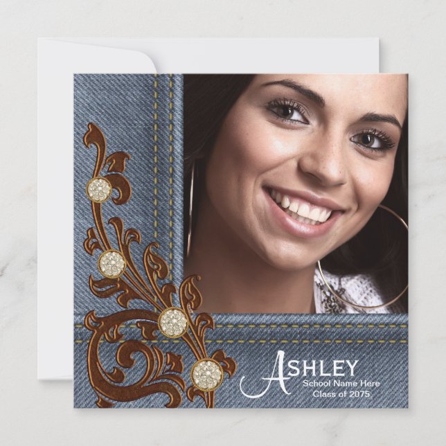 Girls Rustic Country Denim Photo Graduation Announcement (Front)
