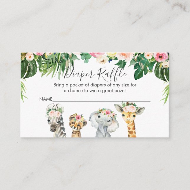 Girls Safari Animals Diaper Raffle Card Insert (Front)