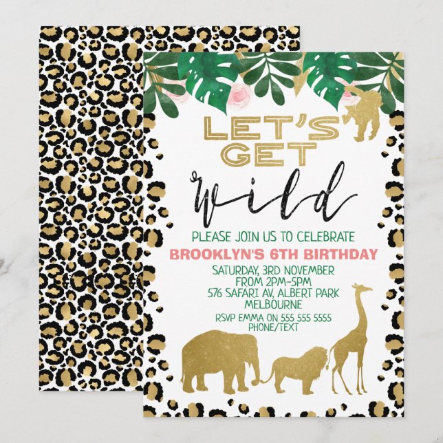 Girls Safari Let's Get Wild Birthday Invitation (Front/Back)