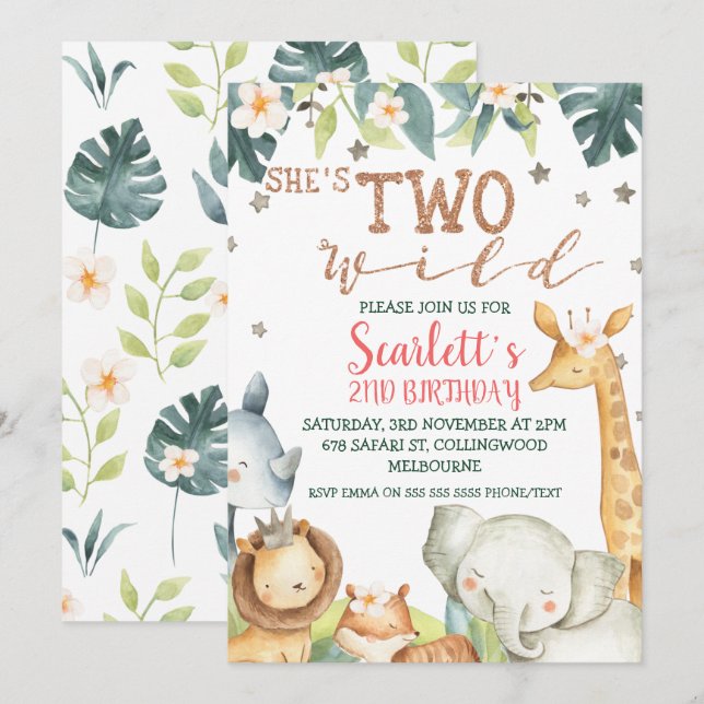 Girl's Safari She's Two Wild Birthday Invitation (Front/Back)