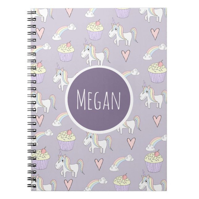 Girl's School Doodle Unicorn Pattern with Name Notebook (Front)