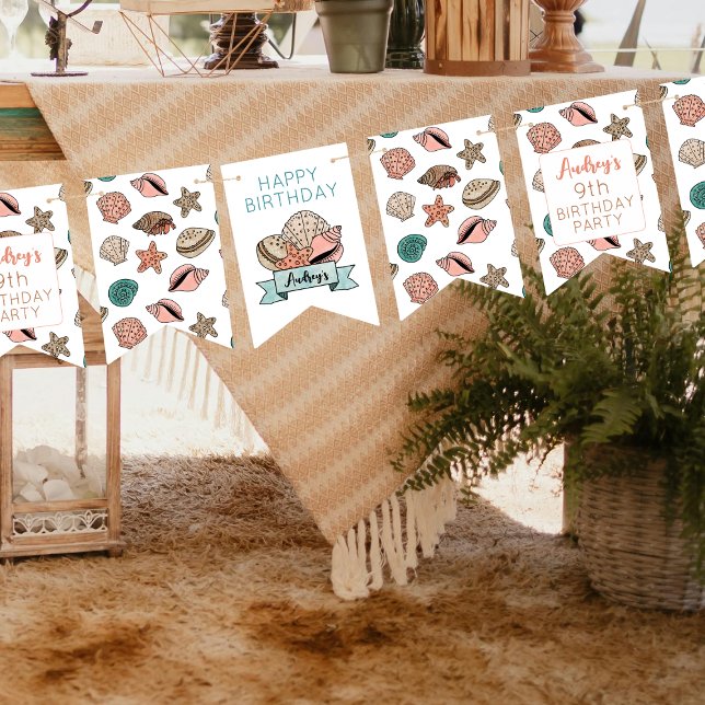 Girls Seashell Beach Birthday Party Bunting Flags (Creator Uploaded)