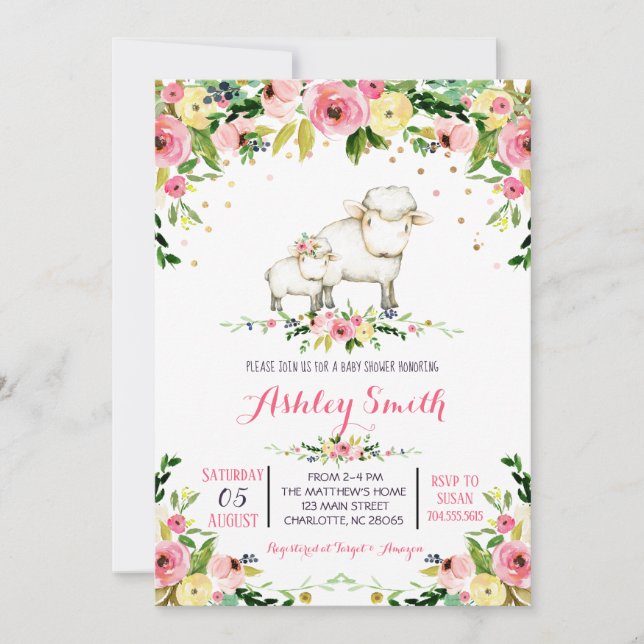 Girls sheep Baby Shower Invitations (Front)