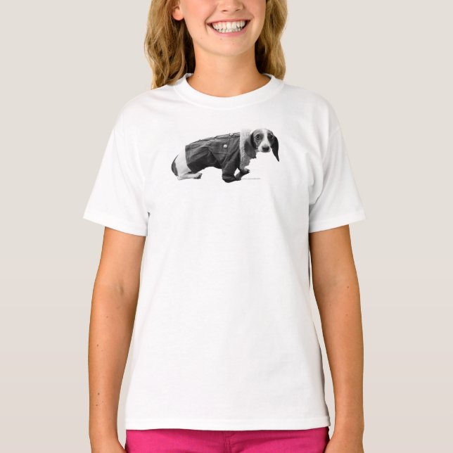 Girls" "Shelby in a Jean Jacket" Dachshund T-shirt (Front)