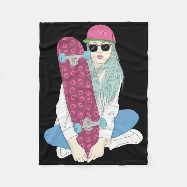 Girls Skate Skateboard Skateboarding Do A Kickflip Fleece Blanket (Front)