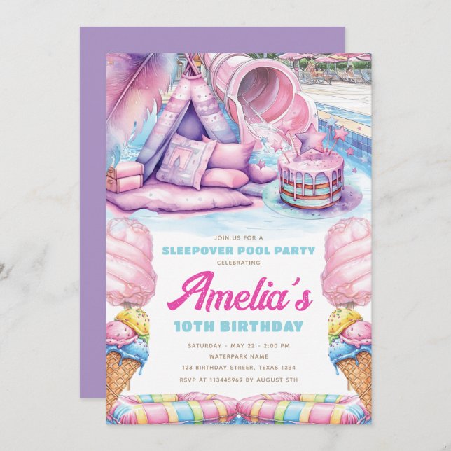 Girls Sleepover Pool Party Invitation (Front/Back)