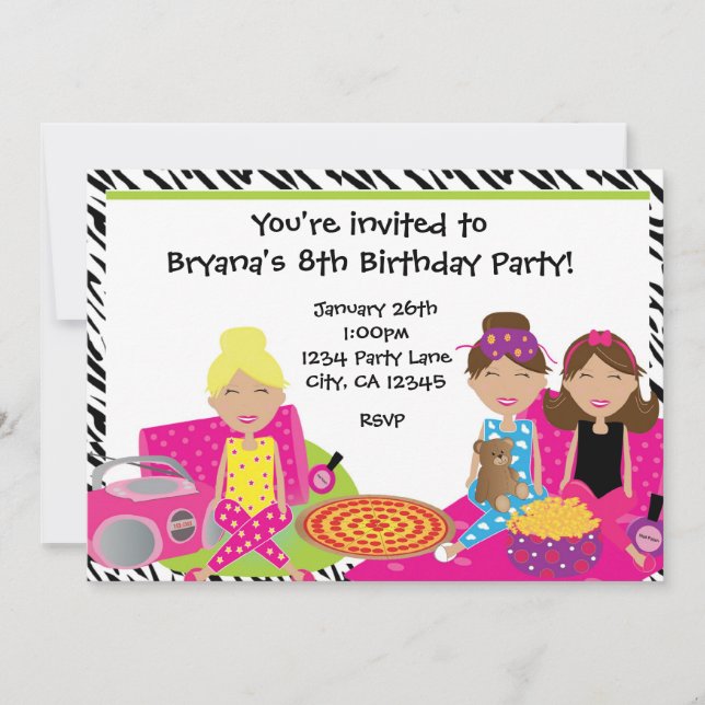 Girls Sleepover Slumber Party Zebra Invitation (Front)