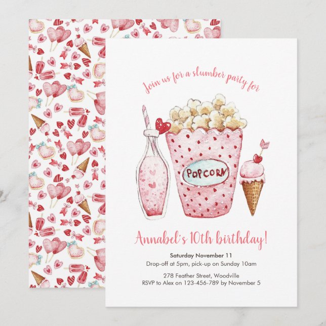 Girls Slumber Party Hearts Birthday Invitation (Front/Back)