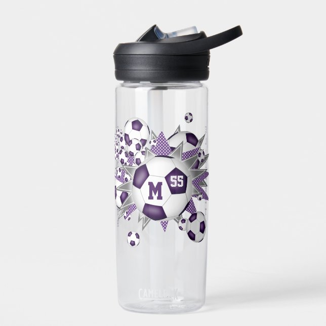 girls soccer ball blowout w purple grey stars water bottle (Left)