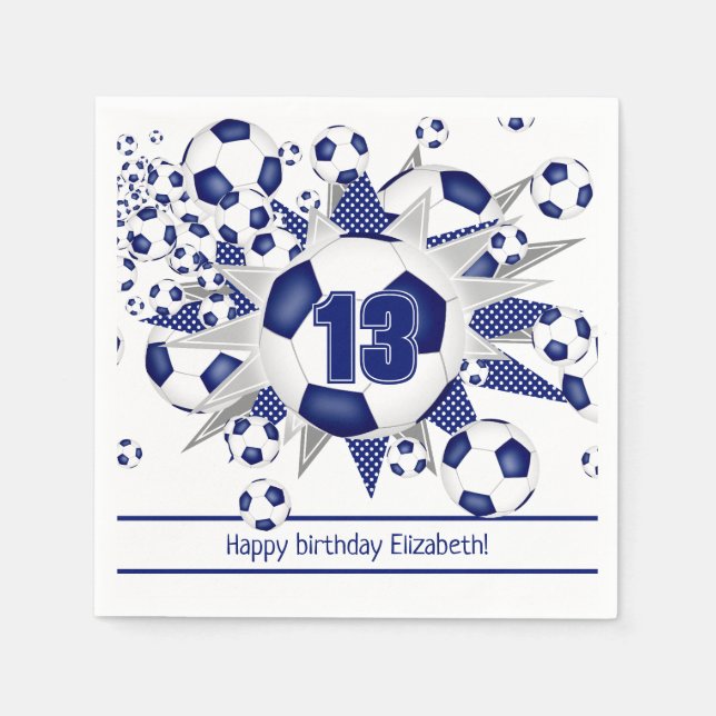 Girls soccer birthday or team party blue  napkin (Front)