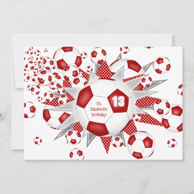 Girls Soccer birthday red soccer balls stars  Announcement (Front)