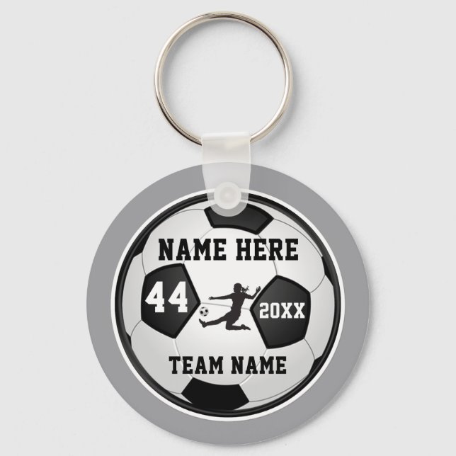 Girls Soccer Party Favors, Gray, Black and White Keychain (Front)