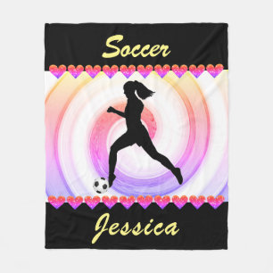 Girls Soccer Rainbow Swirls and Glitter Hearts Fleece Blanket