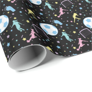 Girls Soccer Silhouettes Stars and Sparkles Wrapping Paper