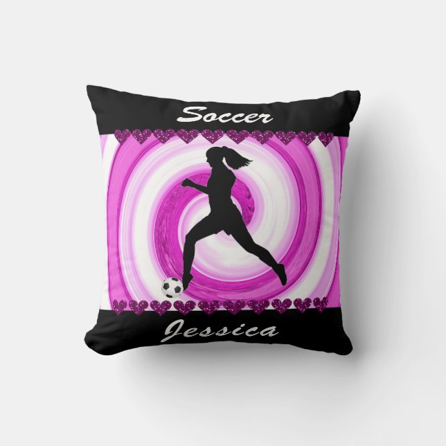 Girls Soccer Swirls and Glitter Hearts  Throw Pillow (Front)