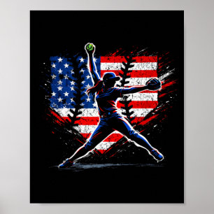 Girls Softball Pitcher Red White Blue Summer Poster