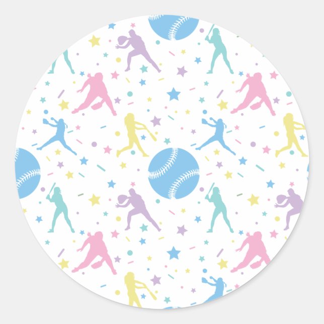 Girls Softball Player Stars Classic Round Sticker (Front)