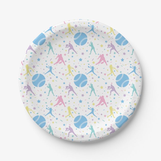 Girls Softball Player Stars Paper Plate (Front)