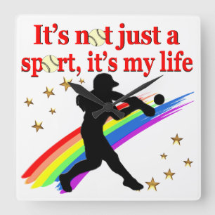 GIRLS SOFTBALL RED RAINBOW INSPIRATIONAL DESIGN SQUARE WALL CLOCK