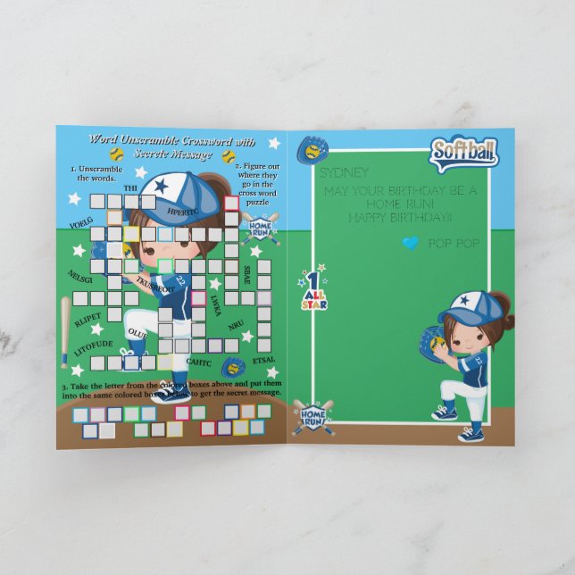 Girls Softball Secret Message Happy Birthday Card (Inside)